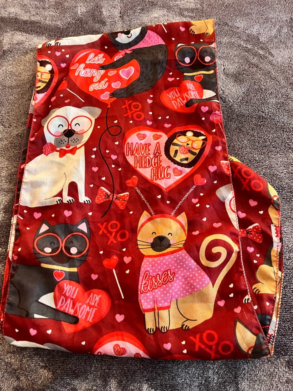 Valentine Red Dog Cat & Heart Print Scarf